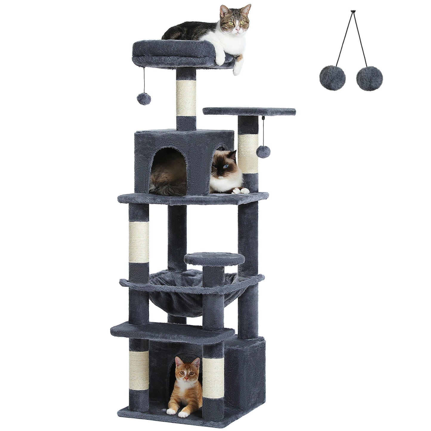 Grand arbre à chat et tour pour chats d'intérieur avec poteaux à griffer recouverts de sisal, hamac spacieux, perchoirs rembourrés, condos et jouets pour chats