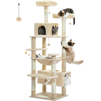 Grand arbre à chat et tour pour chats d'intérieur avec poteaux à griffer recouverts de sisal, hamac spacieux, perchoirs rembourrés, condos et jouets pour chats