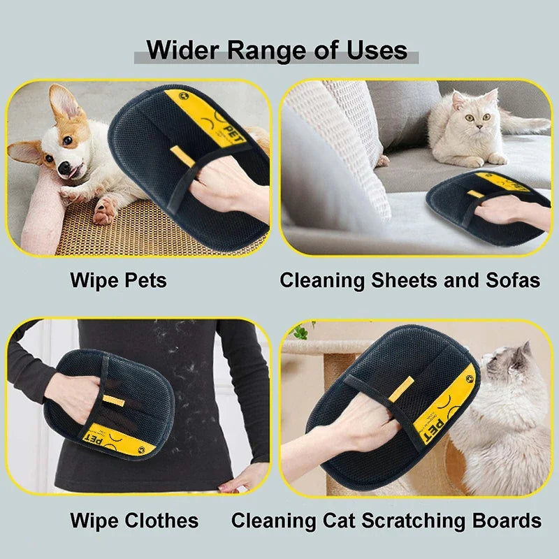 Gants anti-poils pour animaux électrostatiques pour chats et chiens, gant de toilettage réutilisable et lavable avec brosse rouleau adhésif 2-en-1 - Sans danger