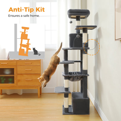 Grand arbre à chat et tour pour chats d'intérieur avec poteaux à griffer recouverts de sisal, hamac spacieux, perchoirs rembourrés, condos et jouets pour chats