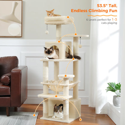 Grand arbre à chat et tour pour chats d'intérieur avec poteaux à griffer recouverts de sisal, hamac spacieux, perchoirs rembourrés, condos et jouets pour chats