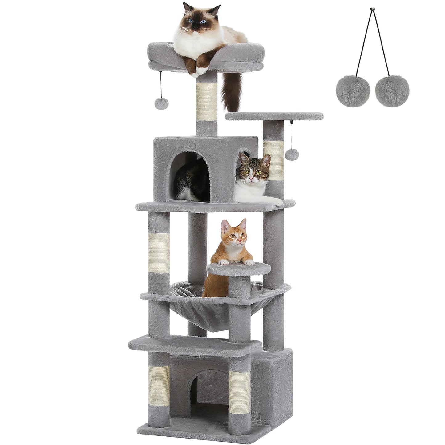 Grand arbre à chat et tour pour chats d'intérieur avec poteaux à griffer recouverts de sisal, hamac spacieux, perchoirs rembourrés, condos et jouets pour chats