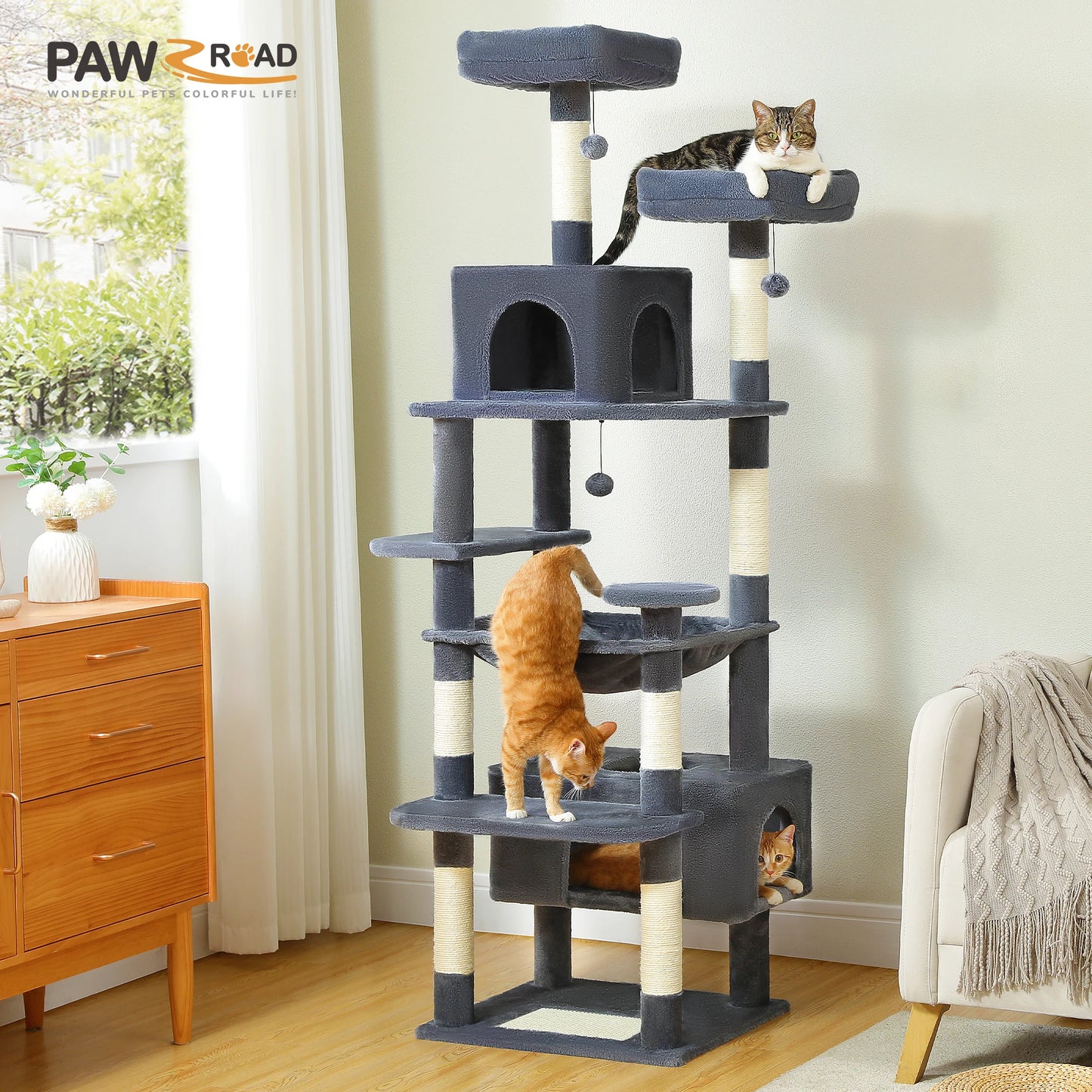 Grand arbre à chat et tour pour chats d'intérieur avec poteaux à griffer recouverts de sisal, hamac spacieux, perchoirs rembourrés, condos et jouets pour chats