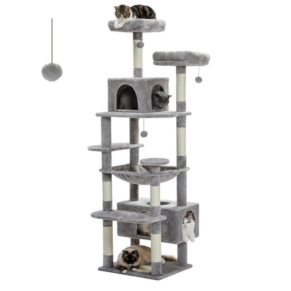 Grand arbre à chat et tour pour chats d'intérieur avec poteaux à griffer recouverts de sisal, hamac spacieux, perchoirs rembourrés, condos et jouets pour chats