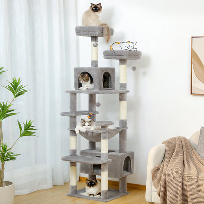 Grand arbre à chat et tour pour chats d'intérieur avec poteaux à griffer recouverts de sisal, hamac spacieux, perchoirs rembourrés, condos et jouets pour chats