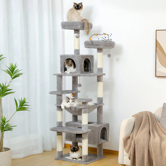 Grand arbre à chat et tour pour chats d'intérieur avec poteaux à griffer recouverts de sisal, hamac spacieux, perchoirs rembourrés, condos et jouets pour chats
