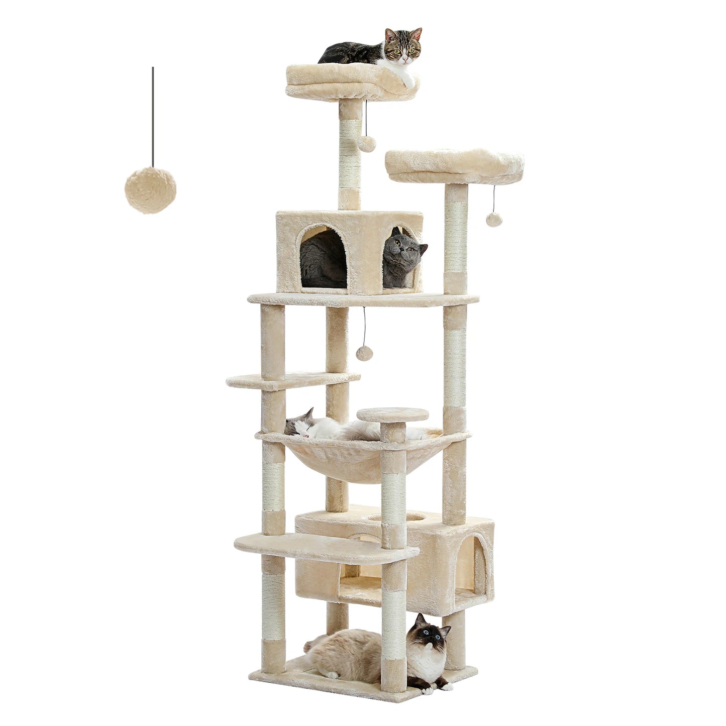 Grand arbre à chat et tour pour chats d'intérieur avec poteaux à griffer recouverts de sisal, hamac spacieux, perchoirs rembourrés, condos et jouets pour chats