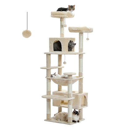 Grand arbre à chat et tour pour chats d'intérieur avec poteaux à griffer recouverts de sisal, hamac spacieux, perchoirs rembourrés, condos et jouets pour chats