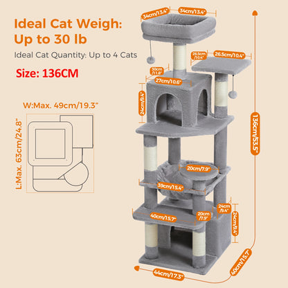 Grand arbre à chat et tour pour chats d'intérieur avec poteaux à griffer recouverts de sisal, hamac spacieux, perchoirs rembourrés, condos et jouets pour chats