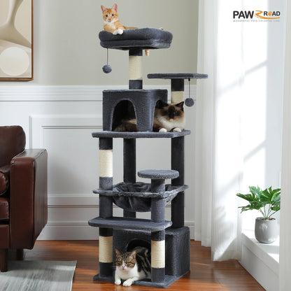 Grand arbre à chat et tour pour chats d'intérieur avec poteaux à griffer recouverts de sisal, hamac spacieux, perchoirs rembourrés, condos et jouets pour chats