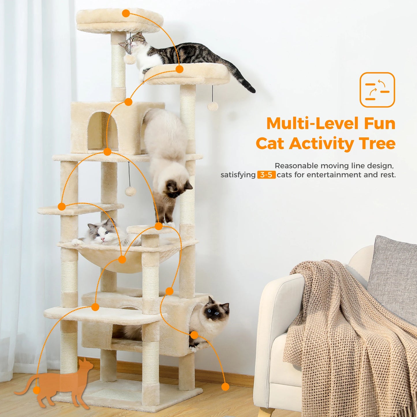 Grand arbre à chat et tour pour chats d'intérieur avec poteaux à griffer recouverts de sisal, hamac spacieux, perchoirs rembourrés, condos et jouets pour chats