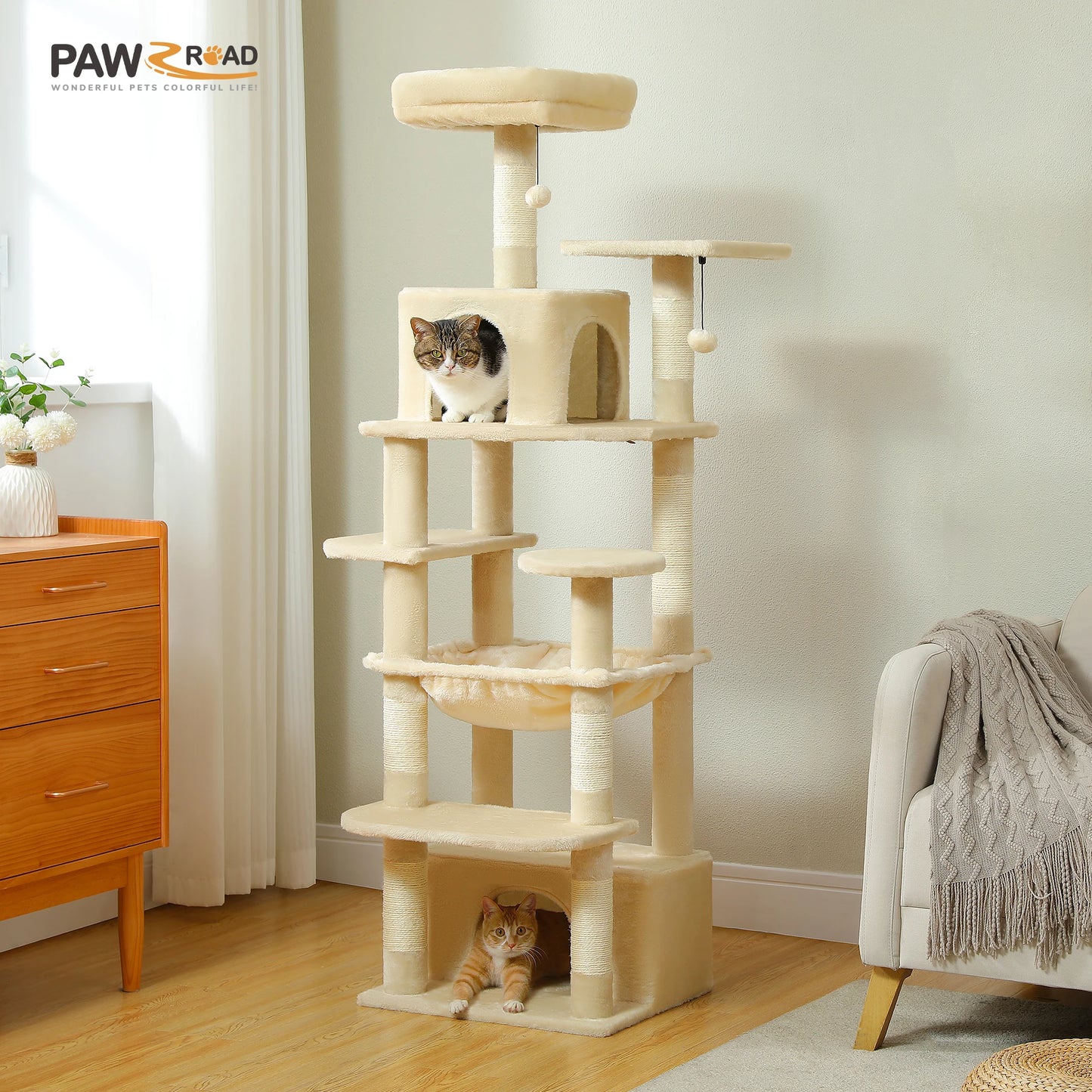 Grand arbre à chat et tour pour chats d'intérieur avec poteaux à griffer recouverts de sisal, hamac spacieux, perchoirs rembourrés, condos et jouets pour chats