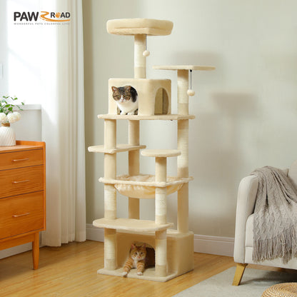 Grand arbre à chat et tour pour chats d'intérieur avec poteaux à griffer recouverts de sisal, hamac spacieux, perchoirs rembourrés, condos et jouets pour chats