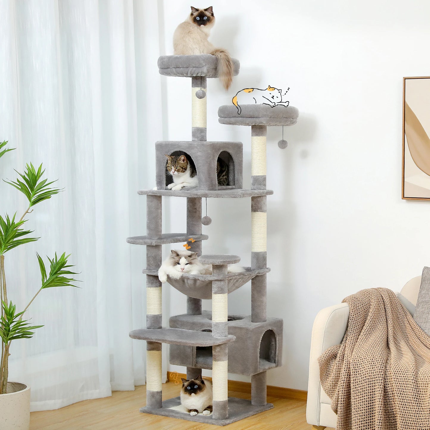 Grand arbre à chat et tour pour chats d'intérieur avec poteaux à griffer recouverts de sisal, hamac spacieux, perchoirs rembourrés, condos et jouets pour chats