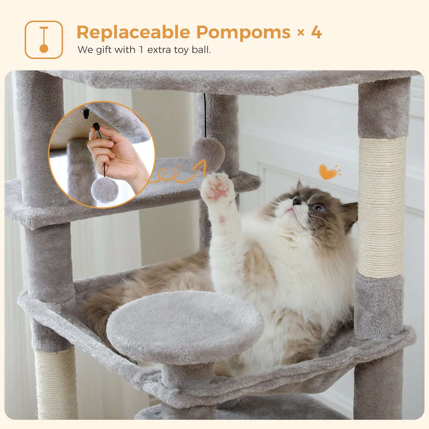 Grand arbre à chat et tour pour chats d'intérieur avec poteaux à griffer recouverts de sisal, hamac spacieux, perchoirs rembourrés, condos et jouets pour chats