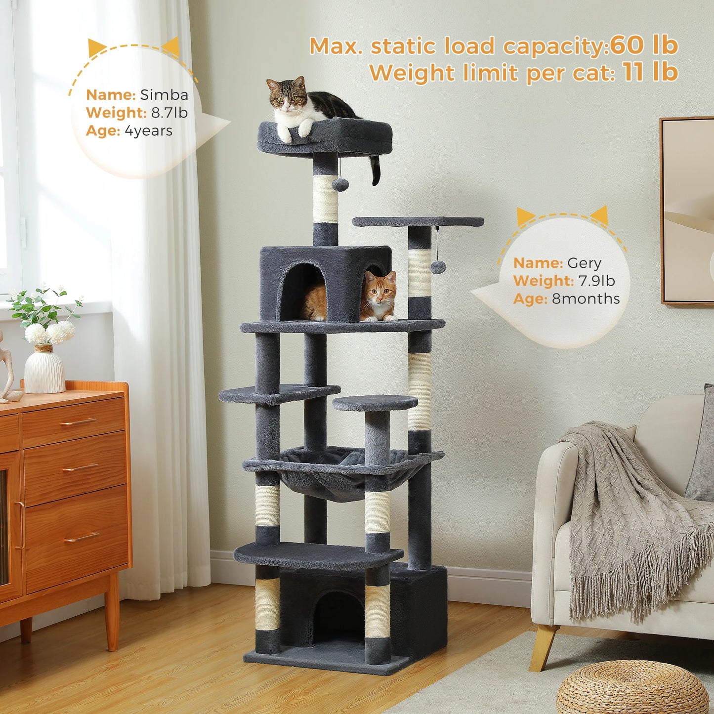Grand arbre à chat et tour pour chats d'intérieur avec poteaux à griffer recouverts de sisal, hamac spacieux, perchoirs rembourrés, condos et jouets pour chats