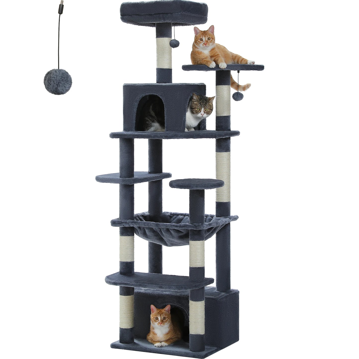 Grand arbre à chat et tour pour chats d'intérieur avec poteaux à griffer recouverts de sisal, hamac spacieux, perchoirs rembourrés, condos et jouets pour chats