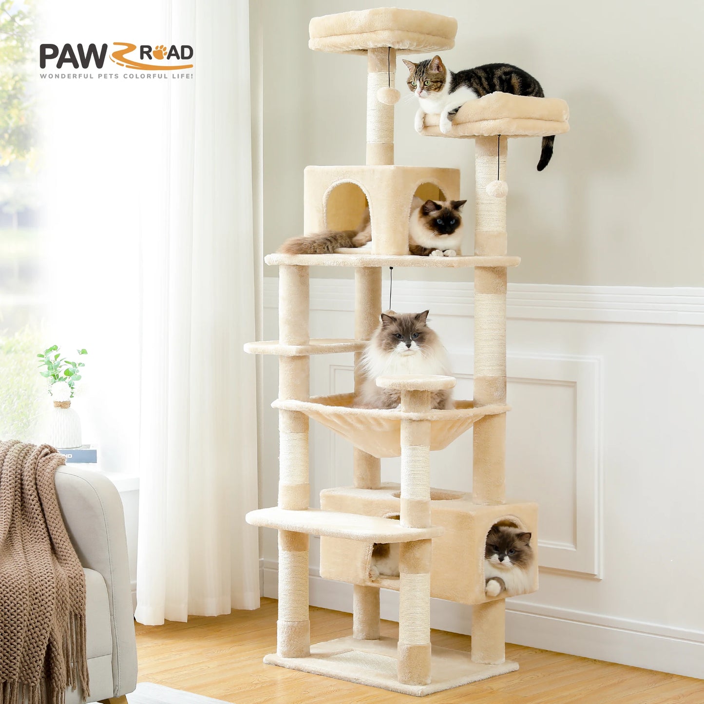 Grand arbre à chat et tour pour chats d'intérieur avec poteaux à griffer recouverts de sisal, hamac spacieux, perchoirs rembourrés, condos et jouets pour chats