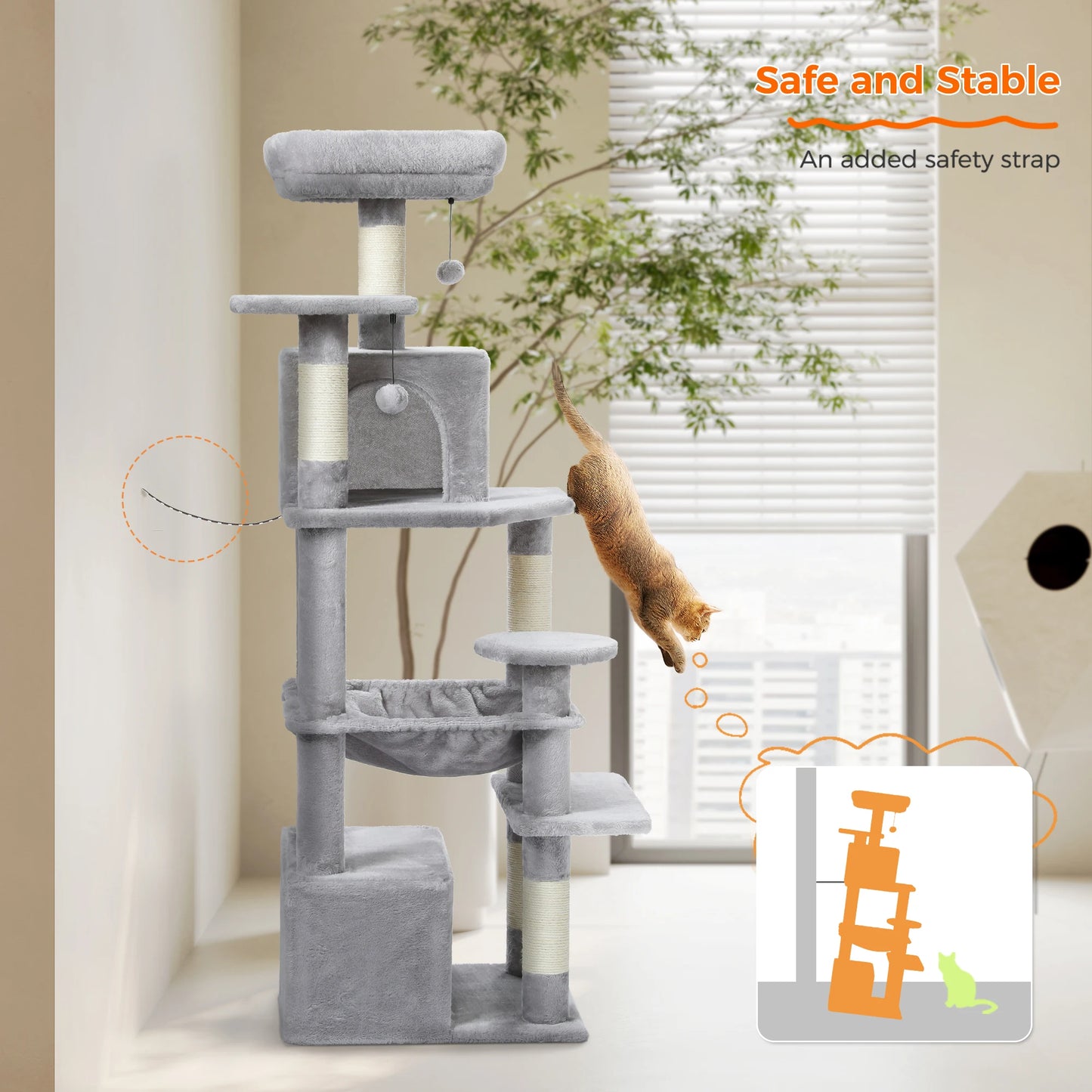 Grand arbre à chat et tour pour chats d'intérieur avec poteaux à griffer recouverts de sisal, hamac spacieux, perchoirs rembourrés, condos et jouets pour chats