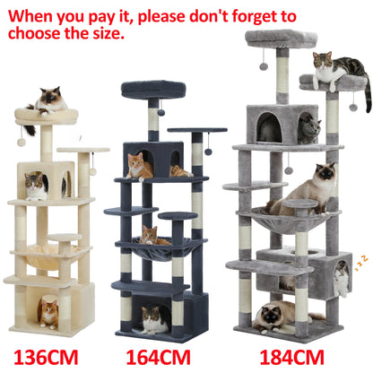 Grand arbre à chat et tour pour chats d'intérieur avec poteaux à griffer recouverts de sisal, hamac spacieux, perchoirs rembourrés, condos et jouets pour chats