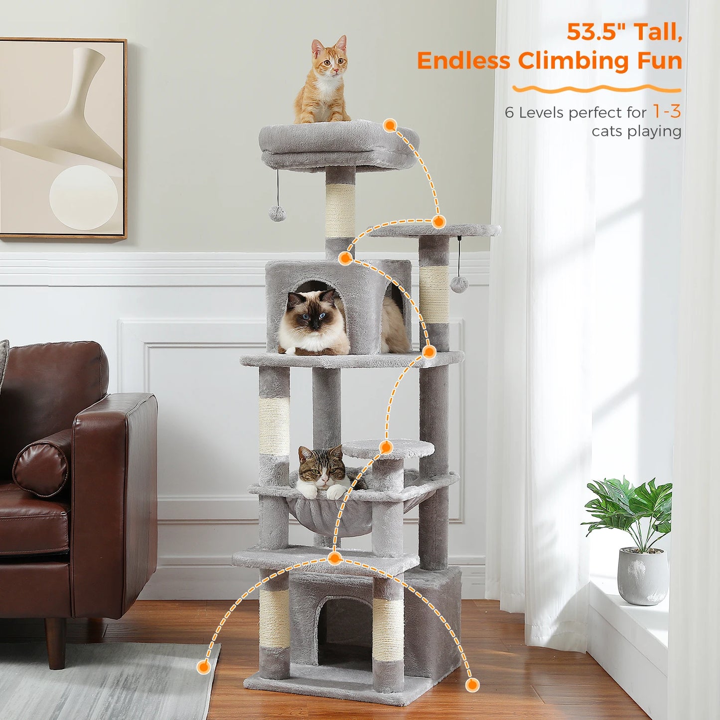Grand arbre à chat et tour pour chats d'intérieur avec poteaux à griffer recouverts de sisal, hamac spacieux, perchoirs rembourrés, condos et jouets pour chats