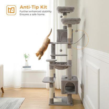 Grand arbre à chat et tour pour chats d'intérieur avec poteaux à griffer recouverts de sisal, hamac spacieux, perchoirs rembourrés, condos et jouets pour chats