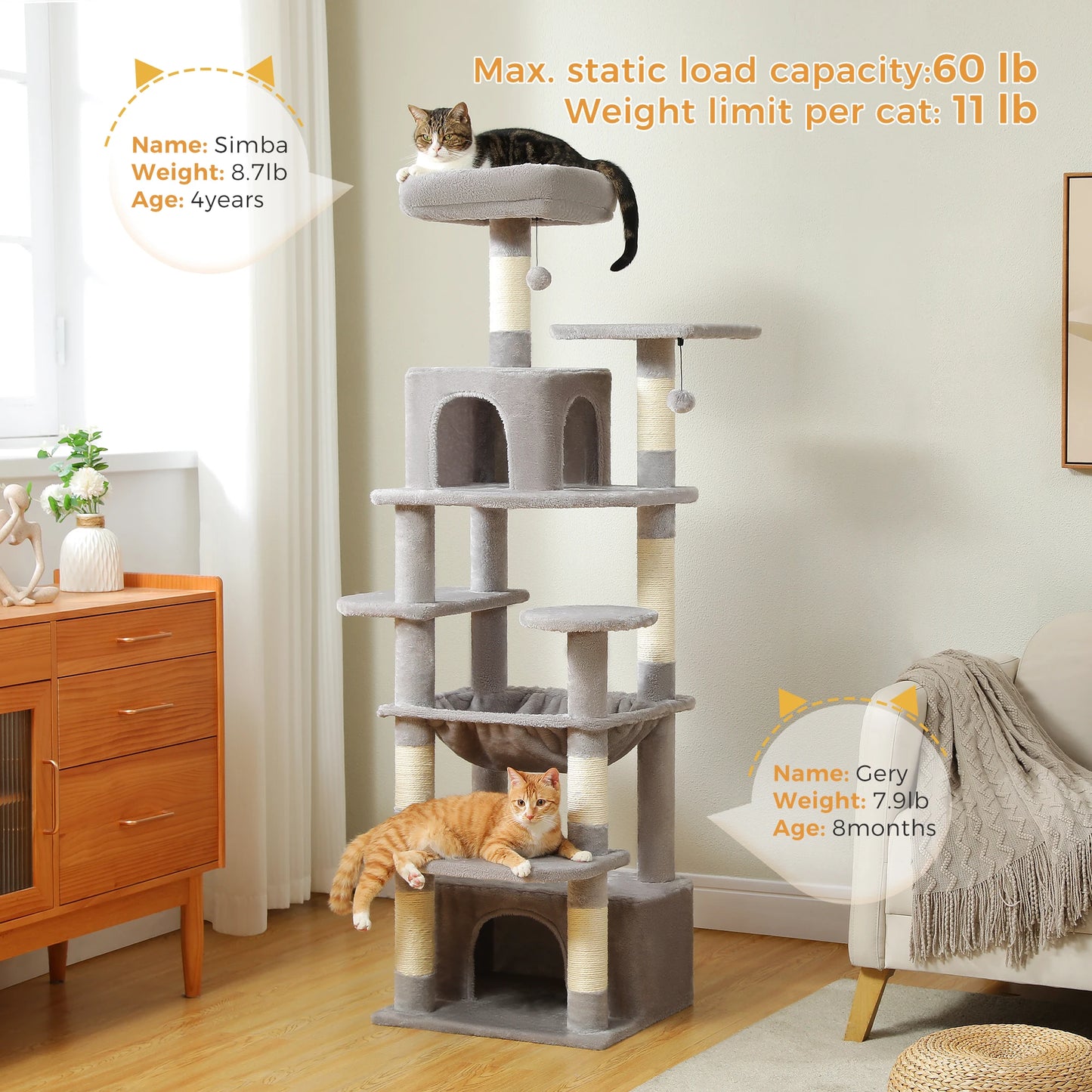 Grand arbre à chat et tour pour chats d'intérieur avec poteaux à griffer recouverts de sisal, hamac spacieux, perchoirs rembourrés, condos et jouets pour chats