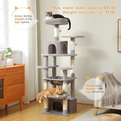Grand arbre à chat et tour pour chats d'intérieur avec poteaux à griffer recouverts de sisal, hamac spacieux, perchoirs rembourrés, condos et jouets pour chats