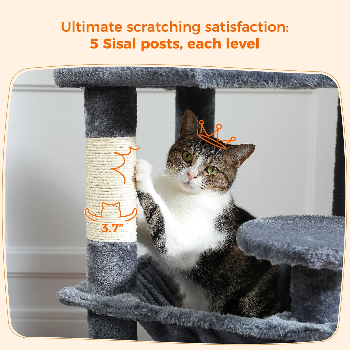 Grand arbre à chat et tour pour chats d'intérieur avec poteaux à griffer recouverts de sisal, hamac spacieux, perchoirs rembourrés, condos et jouets pour chats